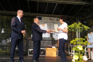 Nagrodę dla Koła Gospodyń Wiejskich w Dłoni odbiera na scenie jego przewodnicząca - Maria Żyto (photo)