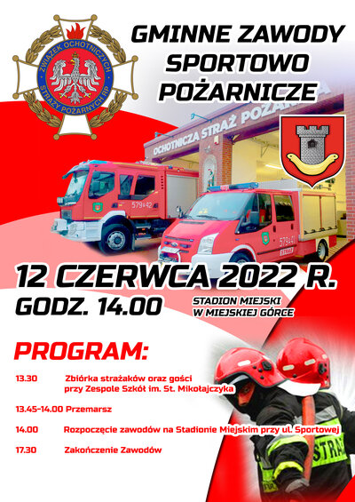 Plakat - zaproszenie na zawody sportowo-pożarnicze. Na zdjęciu widoczne są dwa wozy strażackie.