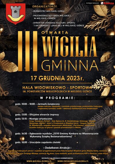 Plakat III Wigilii Gminnej w Miejskiej Górce. Złote litery na ciemnym tle.