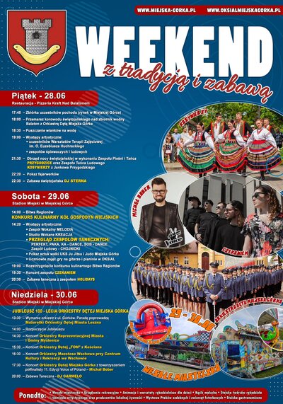 Plakat w niebieskim kolorze pn. Weekend z tradycją i zabawą