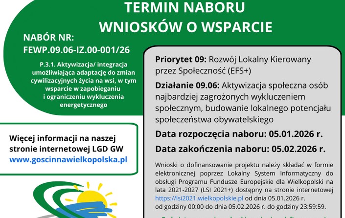 Ogłoszonie naboru FEWP.09.06-IZ.00-001/26 przez LGD Gościnna Wielkopolska 
